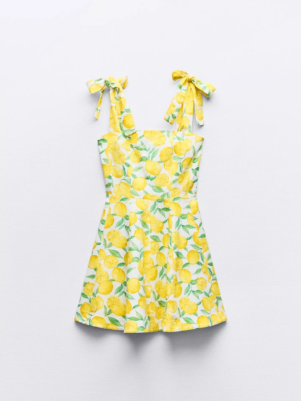 Zara Yellow Lemon-Print Tie-Shoulder Linen Mini Dress